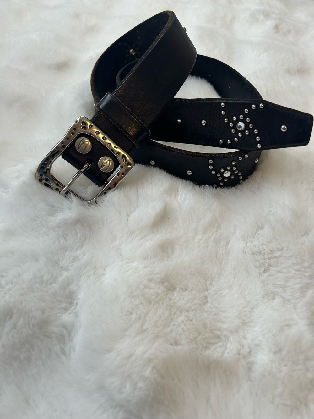 Silver Jeans Black Studded Leather Belt with Decorative Silver Buckle